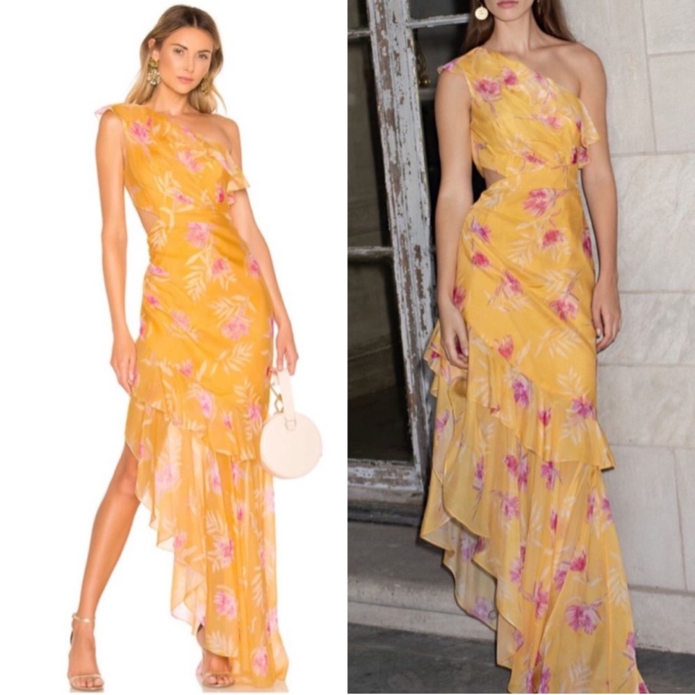 AMUR Vi Yellow Floral One-Shoulder Dress 8